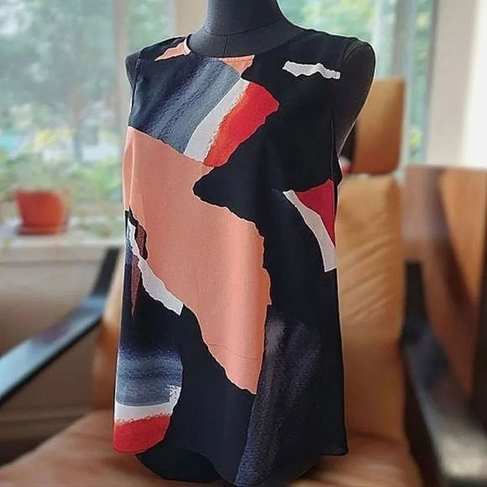 DKNY sheer sleeveless multicolour abstract pattern sleeveless blouse size M